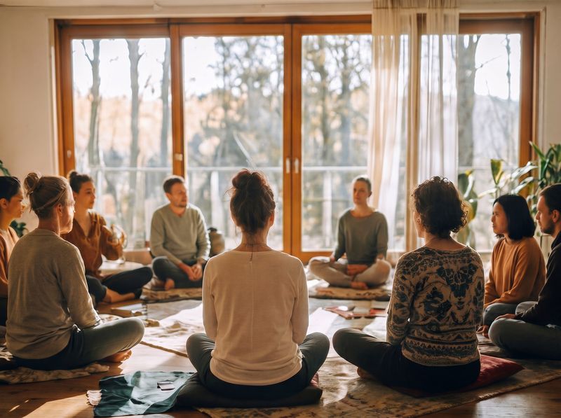 Eine Gruppe sitzt im Kreis zur Meditation